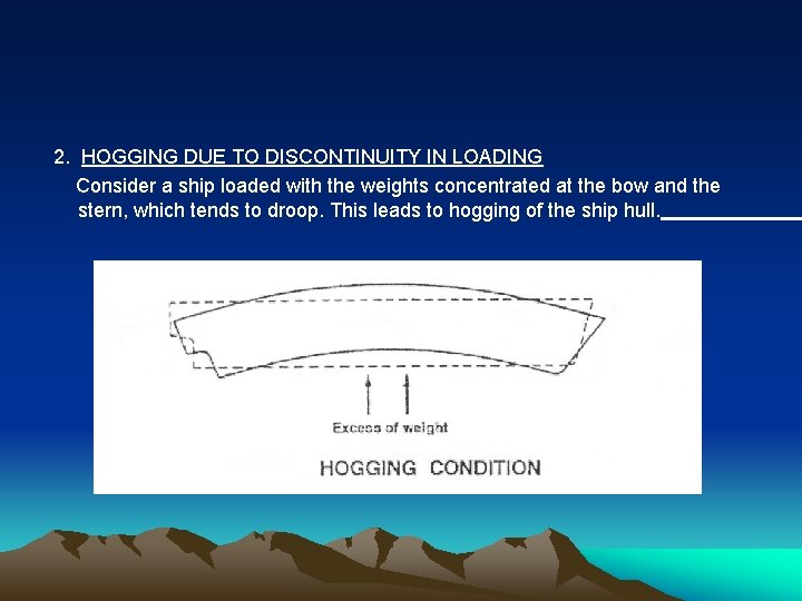 2. HOGGING DUE TO DISCONTINUITY IN LOADING Consider a ship loaded with the weights