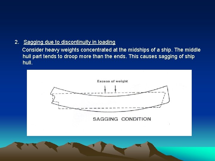 2. Sagging due to discontinuity in loading Consider heavy weights concentrated at the midships