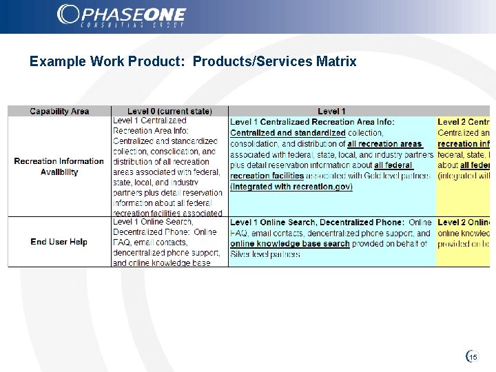 Example Work Product: Products/Services Matrix 15 