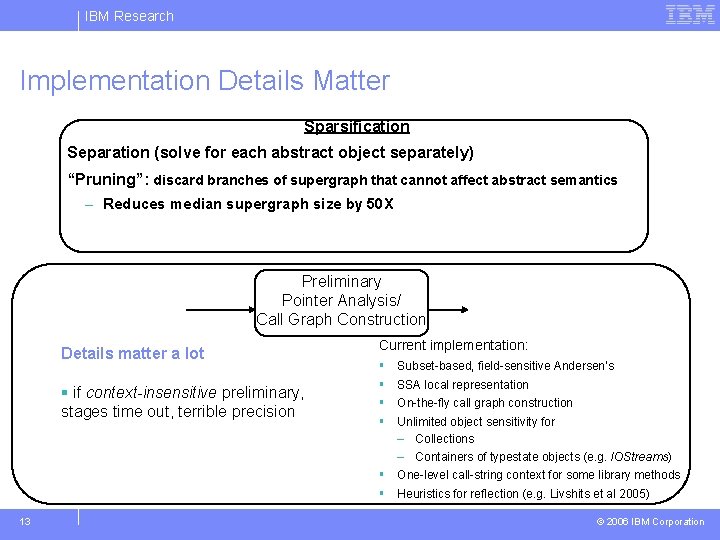 IBM Research Implementation Details Matter Sparsification Separation (solve for each abstract object separately) “Pruning”: