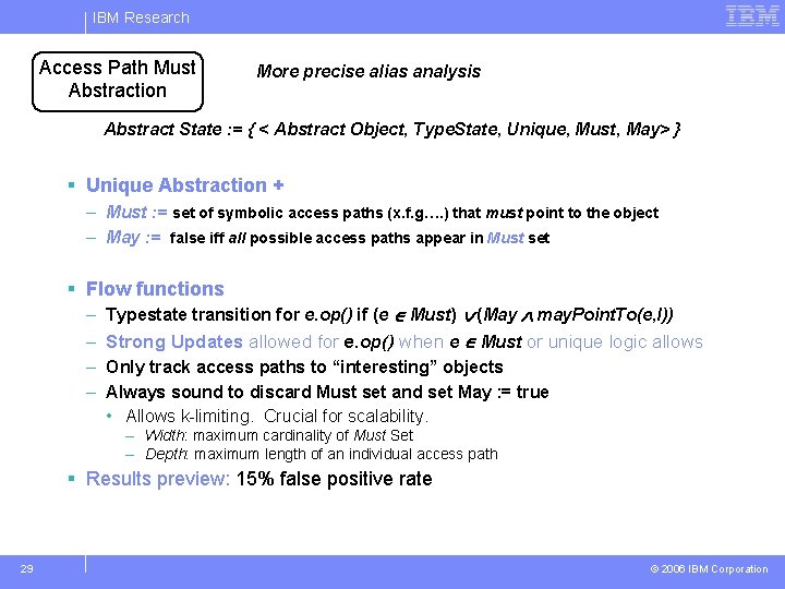 IBM Research Access Path Must Abstraction More precise alias analysis Abstract State : =