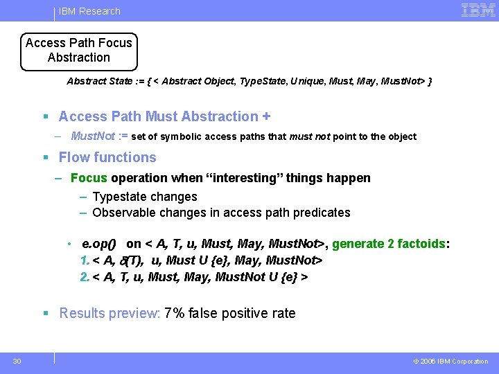 IBM Research Access Path Focus Abstraction Abstract State : = { < Abstract Object,