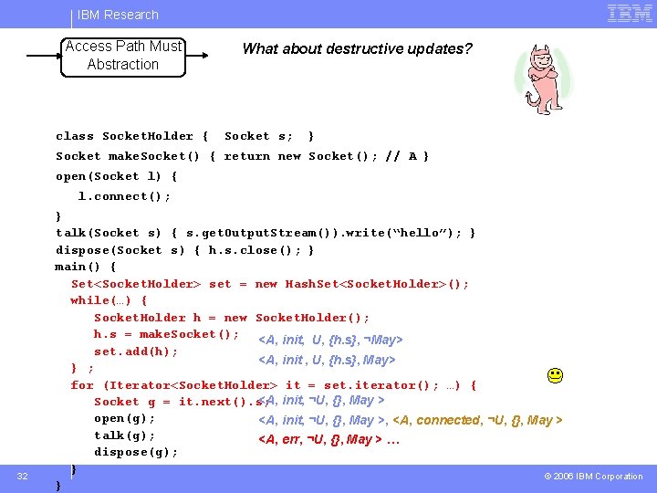 IBM Research Access Path Must Abstraction class Socket. Holder { What about destructive updates?
