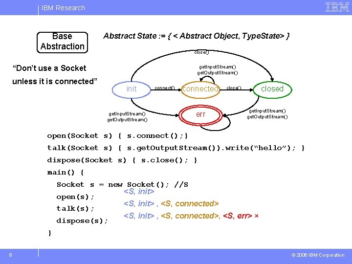 IBM Research Base Abstraction Abstract State : = { < Abstract Object, Type. State>