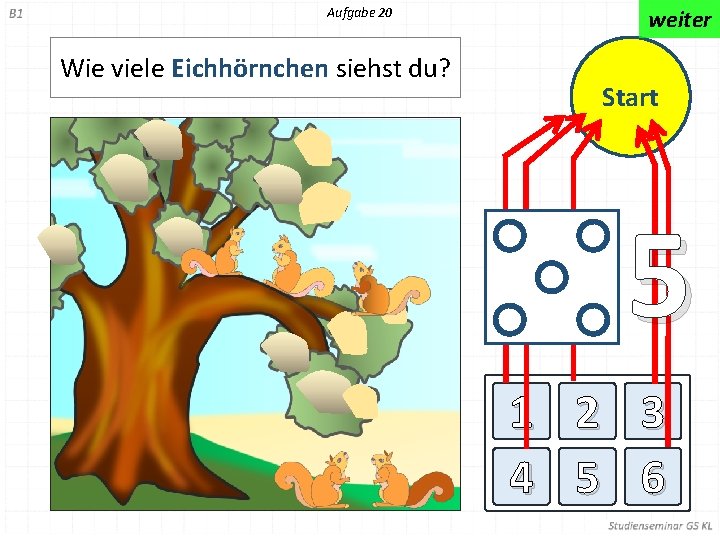 Aufgabe 20 Wie viele Eichhörnchen siehst du? weiter Start 5 1 2 3 4