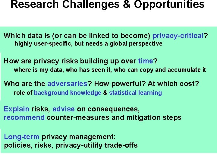 Research Challenges & Opportunities Which data is (or can be linked to become) privacy-critical? Research Challenges & Opportunities Which data is (or can be linked to become) privacy-critical?
