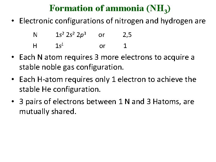 Formation of ammonia (NH 3) • Electronic configurations of nitrogen and hydrogen are N