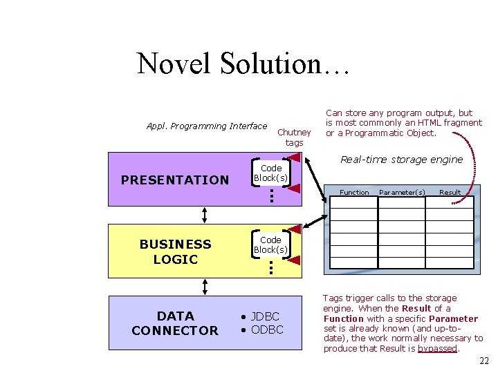 Novel Solution… Appl. Programming Interface PRESENTATION BUSINESS LOGIC DATA CONNECTOR Chutney tags Code Block(s)