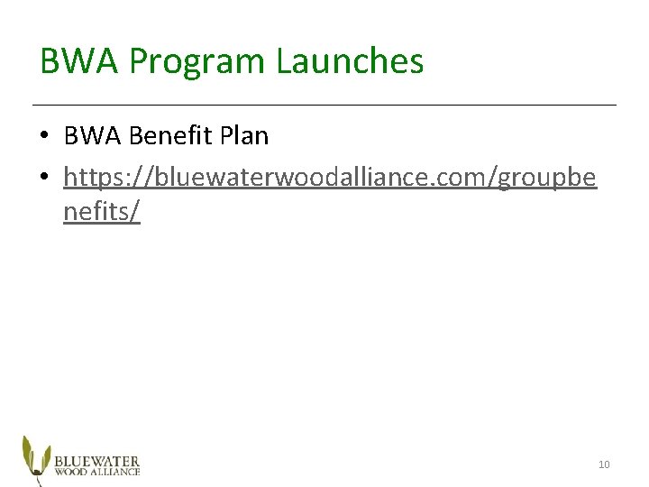 BWA Program Launches • BWA Benefit Plan • https: //bluewaterwoodalliance. com/groupbe nefits/ 10 