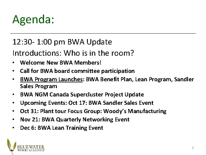 Agenda: 12: 30 - 1: 00 pm BWA Update Introductions: Who is in the