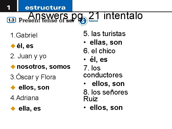 Answers pg. 21 intentalo 1. Gabriel u él, es 2. Juan y yo u