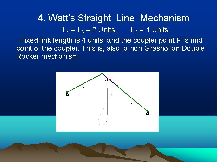 4. Watt’s Straight Line Mechanism L 1 = L 3 = 2 Units, L