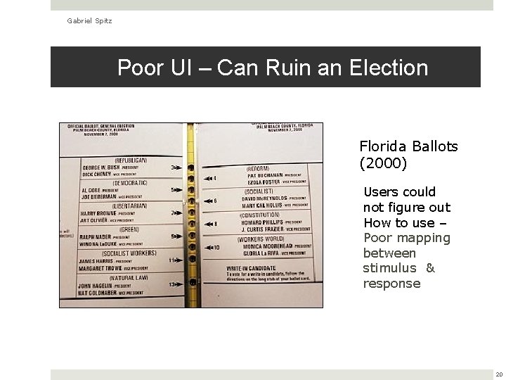 Gabriel Spitz Poor UI – Can Ruin an Election Florida Ballots (2000) Users could