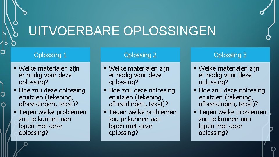 UITVOERBARE OPLOSSINGEN Oplossing 1 Oplossing 2 Oplossing 3 Welke materialen zijn er nodig voor