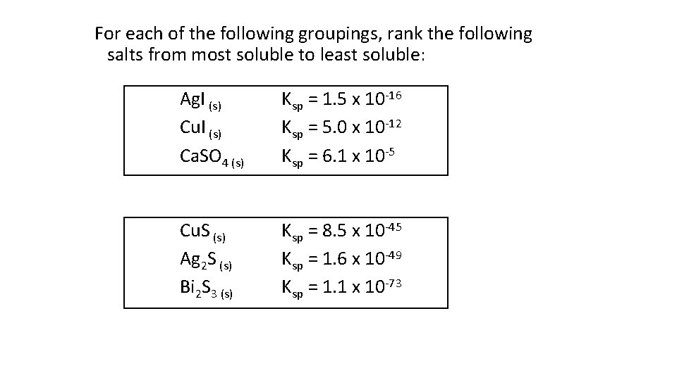 For each of the following groupings, rank the following salts from most soluble to