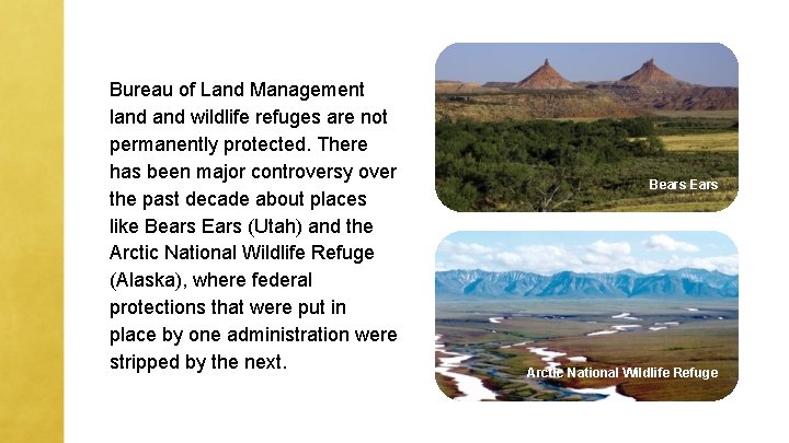 Bureau of Land Management land wildlife refuges are not permanently protected. There has been