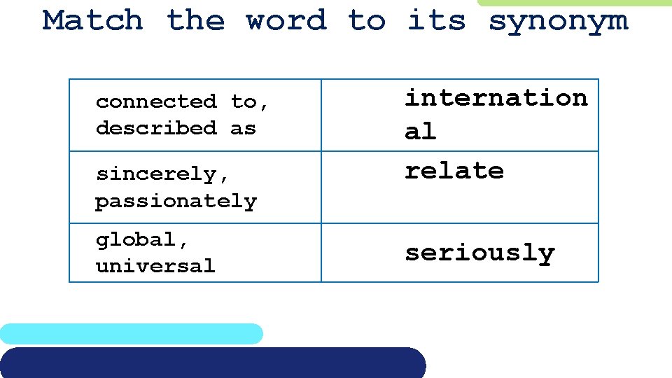 Match the word to its synonym connected to, described as sincerely, passionately global, universal