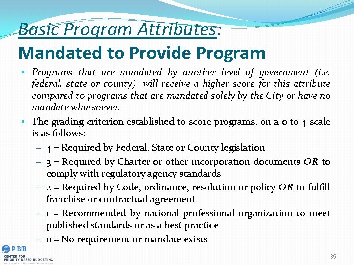 Basic Program Attributes: Mandated to Provide Program • Programs that are mandated by another