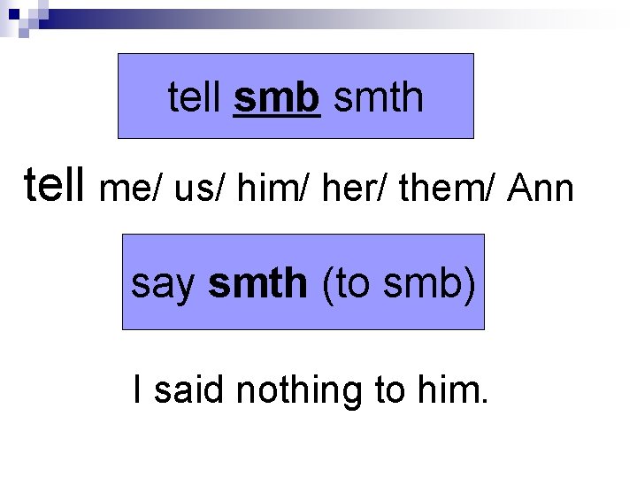 tell smb smth tell me/ us/ him/ her/ them/ Ann say smth (to smb)
