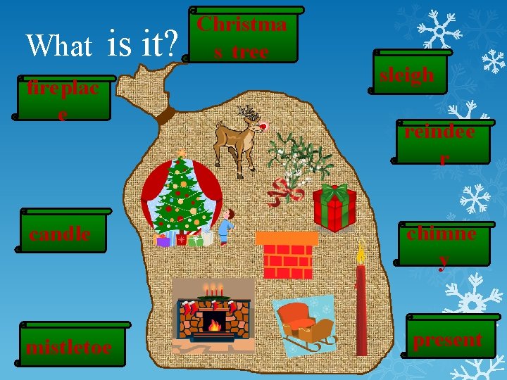 What is it? fireplac e Christma s tree sleigh reindee r candle chimne y