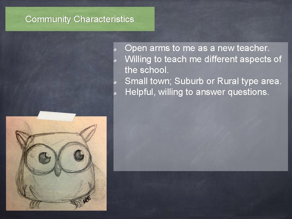 Community Characteristics Open arms to me as a new teacher. Willing to teach me