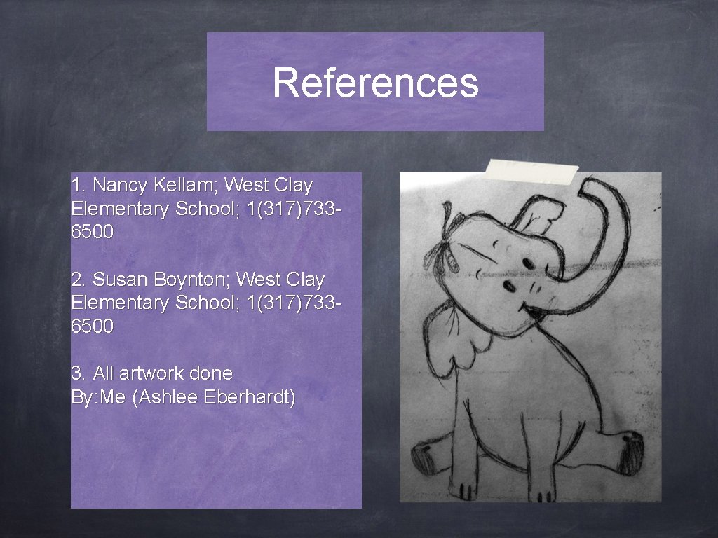 References 1. Nancy Kellam; West Clay Elementary School; 1(317)7336500 2. Susan Boynton; West Clay