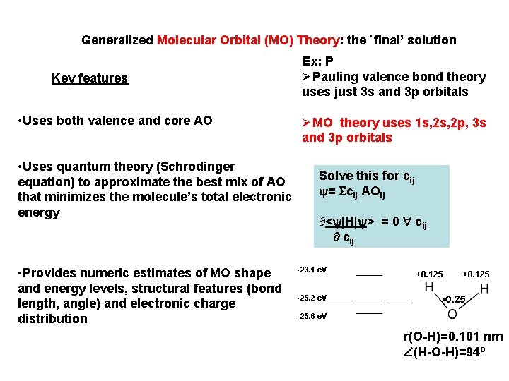 Generalized Molecular Orbital (MO) Theory: the `final’ solution Key features • Uses both valence