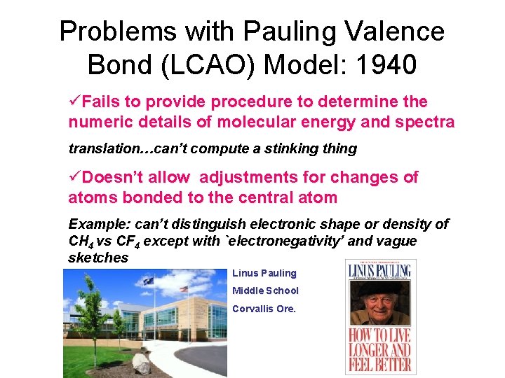 Problems with Pauling Valence Bond (LCAO) Model: 1940 üFails to provide procedure to determine