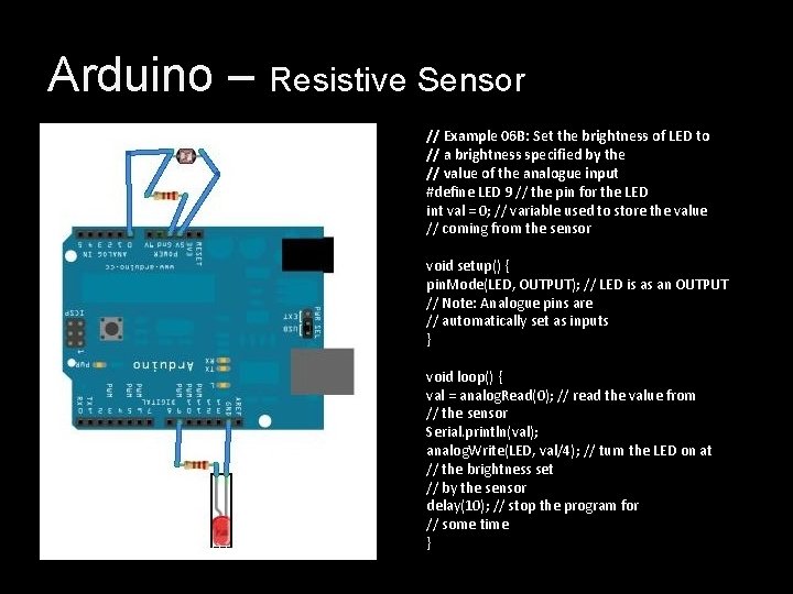 Arduino – Resistive Sensor // Example 06 B: Set the brightness of LED to Arduino – Resistive Sensor // Example 06 B: Set the brightness of LED to