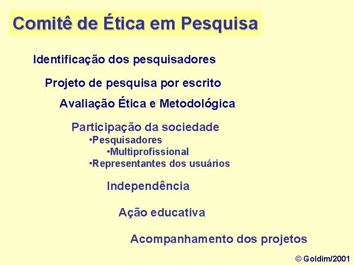 Comitê de Ética em Pesquisa Identificação dos pesquisadores Projeto de pesquisa por escrito Avaliação