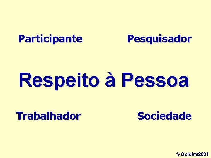 Participante Pesquisador Respeito à Pessoa Trabalhador Sociedade © Goldim/2001 