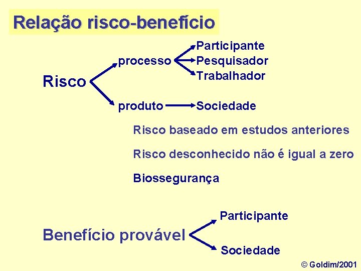 Relação risco-benefício processo Participante Pesquisador Trabalhador produto Sociedade Risco baseado em estudos anteriores Risco