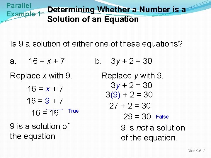 Parallel Determining Whether a Number is a Example 1 Solution of an Equation Is