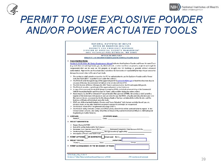 PERMIT TO USE EXPLOSIVE POWDER AND/OR POWER ACTUATED TOOLS 39 