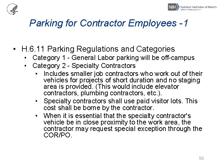 Parking for Contractor Employees -1 • H. 6. 11 Parking Regulations and Categories •