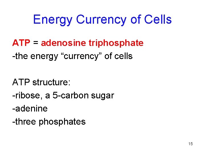 Energy Currency of Cells ATP = adenosine triphosphate -the energy “currency” of cells ATP