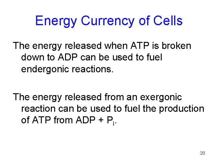 Energy Currency of Cells The energy released when ATP is broken down to ADP