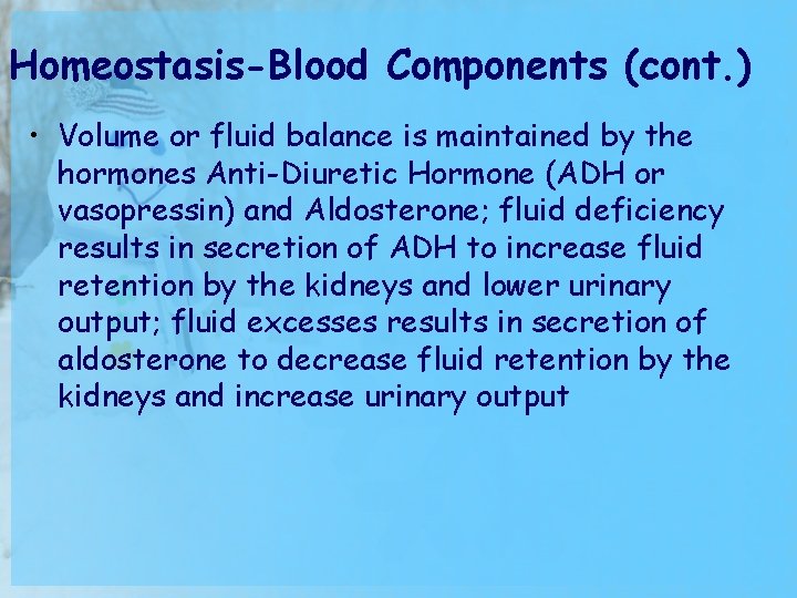 Homeostasis-Blood Components (cont. ) • Volume or fluid balance is maintained by the hormones