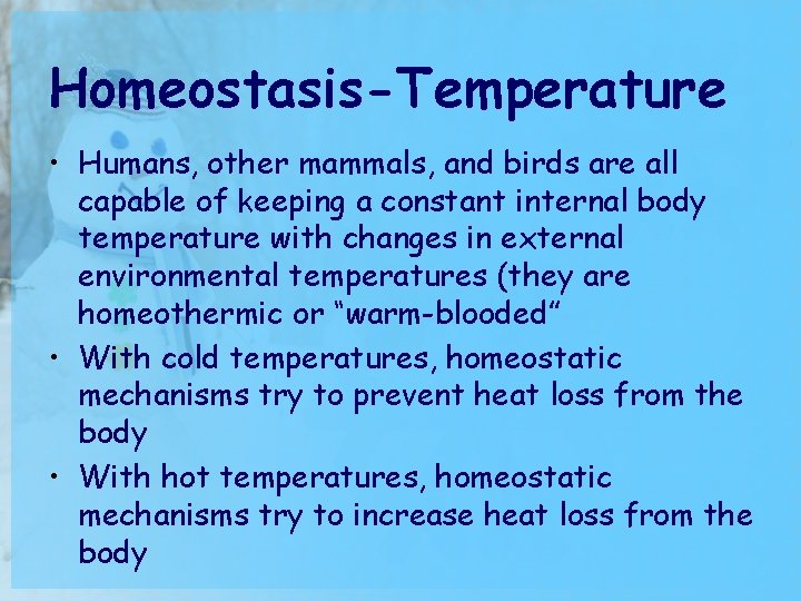 Homeostasis-Temperature • Humans, other mammals, and birds are all capable of keeping a constant
