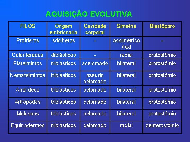 AQUISIÇÃO EVOLUTIVA FILOS Origem embrionária Cavidade corporal Simetria Blastôporo Profíferos s/folhetos - assimétrico /rad