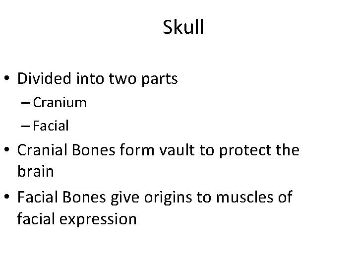 Skull • Divided into two parts – Cranium – Facial • Cranial Bones form