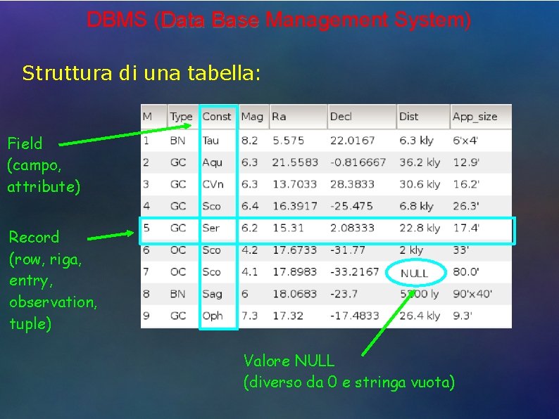 DBMS (Data Base Management System) Struttura di una tabella: Field (campo, attribute) Record (row,