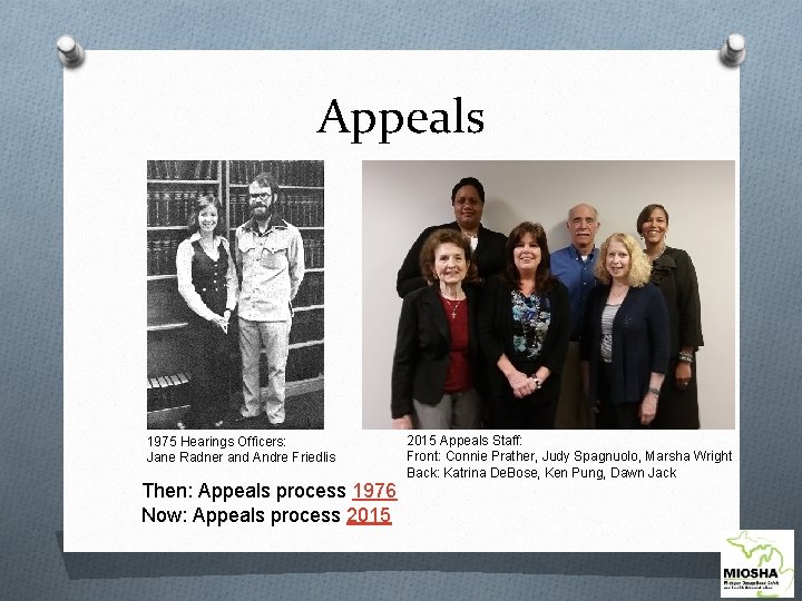 Appeals 1975 Hearings Officers: Jane Radner and Andre Friedlis Then: Appeals process 1976 Now: