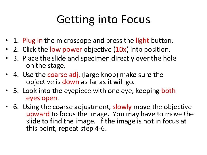 Getting into Focus • 1. Plug in the microscope and press the light button.