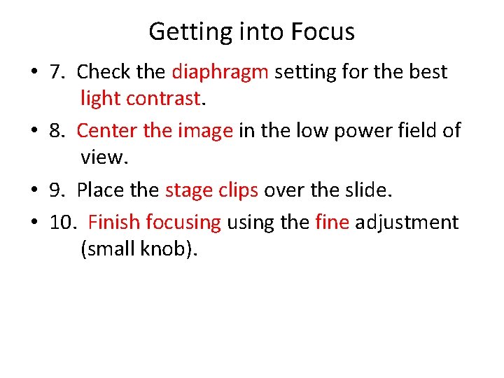 Getting into Focus • 7. Check the diaphragm setting for the best light contrast.