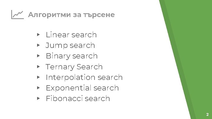 Алгоритми за търсене ▸ ▸ ▸ ▸ Linear search Jump search Binary search Ternary