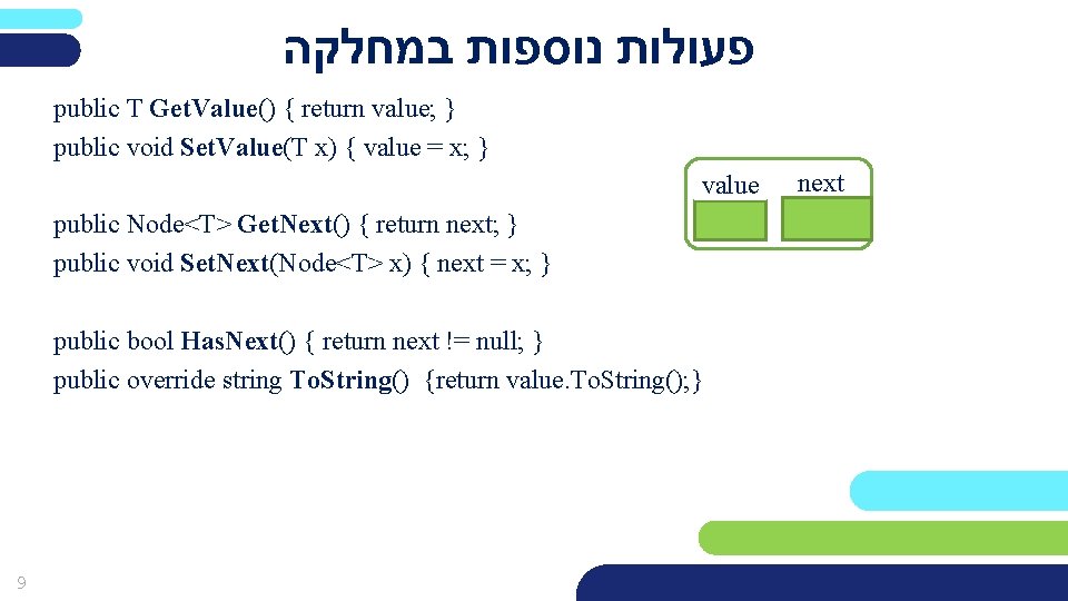  פעולות נוספות במחלקה public T Get. Value() { return value; } public void