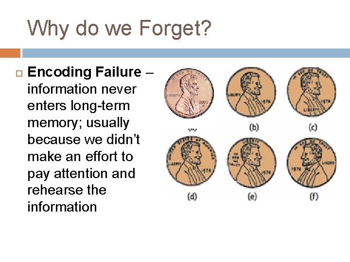 Why do we Forget? Encoding Failure – information never enters long-term memory; usually because