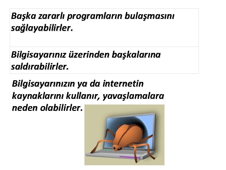 Başka zararlı programların bulaşmasını sağlayabilirler. Bilgisayarınız üzerinden başkalarına saldırabilirler. Bilgisayarınızın ya da internetin kaynaklarını