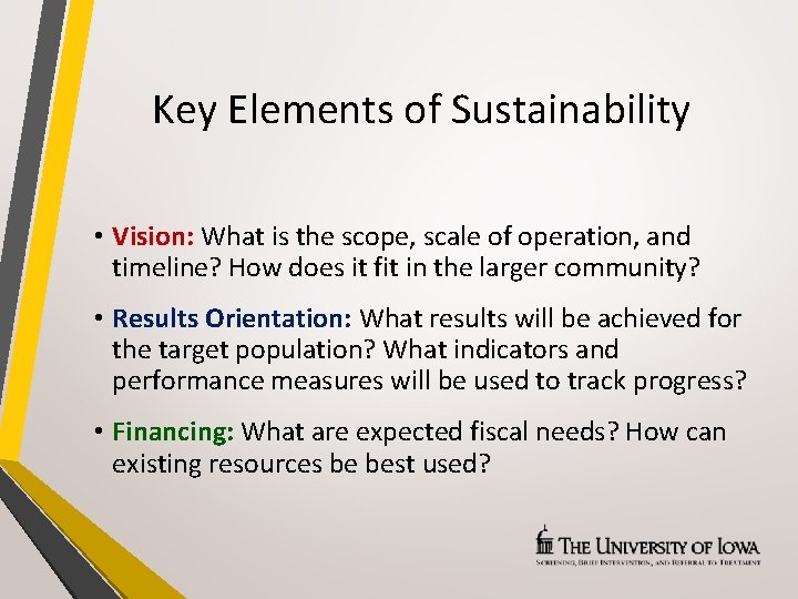 Key Elements of Sustainability • Vision: What is the scope, scale of operation, and